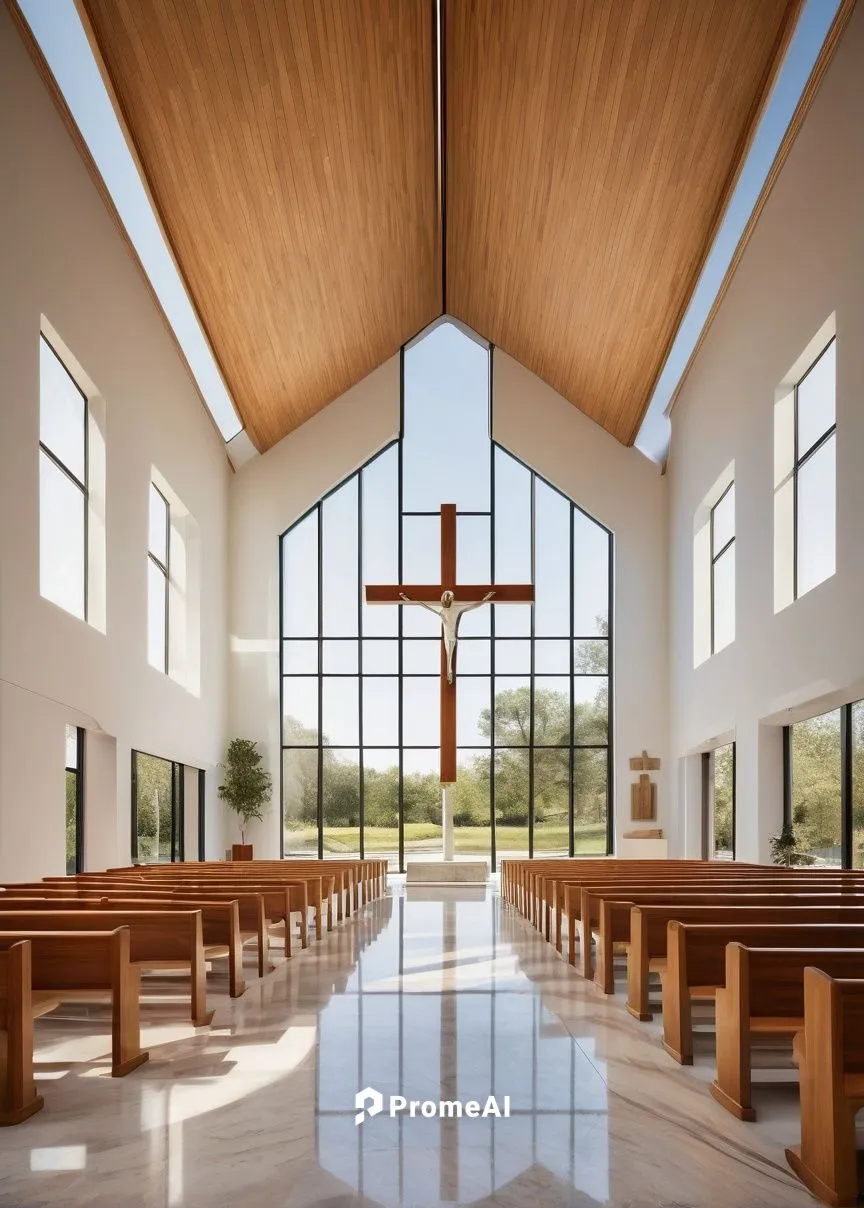 Modern Christian church architecture, grand entrance, glass facade, minimalist design, large cross, stained glass windows, high ceiling, bright interior, marble floor, wooden pews, altar with crucifix