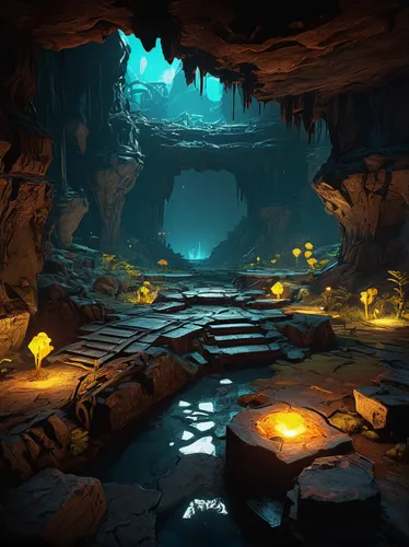 video game environment, Caustic Caverns, Borderlands 2, acid pools, crystal formations, subterranean landscape, glowing fungi, industrial structures, abandoned mining equipment, aggressive creatures, 