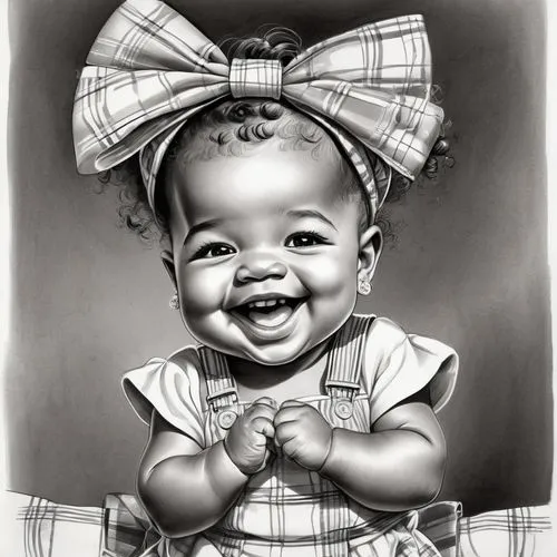 A black and white drawing of a joyful baby girl with an expressive, beaming smile and sparkling eyes that convey innocence and happiness. She wears a large plaid bow on her head, has small earrings, a