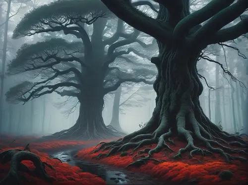 crooked forest,foggy forest,forest landscape,black forest,the roots of trees,dead vlei,red tree,blood maple,haunted forest,mushroom landscape,tree grove,old-growth forest,forest tree,forest dark,deciduous forest,beech trees,elven forest,beech forest,scarlet oak,halloween bare trees,Conceptual Art,Fantasy,Fantasy 32