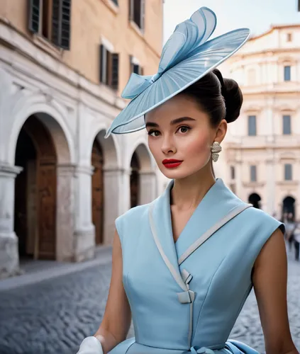 1950s film still,A Chinese girl dressed like Audrey Hepburn,white and light blue .stylish costume design.Walking on the streets of Rome, with a Baroque architectural background.lively tableaus, transa