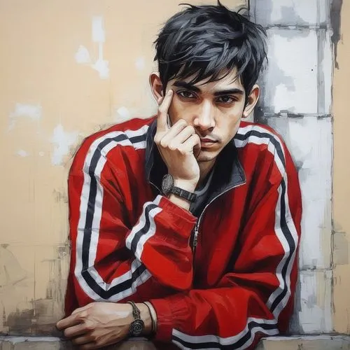 un hombre joven con una roja con franjas blancas y negras. 

,the painting shows a man with black hair wearing red jacket,anirudh,hasan,jasinski,mehretu,zayn,ranx,Illustration,Realistic Fantasy,Realis