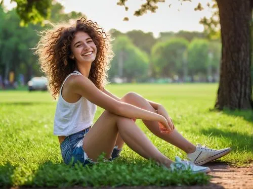 free spirit, carefree, young girl, (18yo), bright smile, messy curly brown hair, no makeup, casual wear, white tank top, ripped high-waisted jeans, barefoot, sitting cross-legged, park, lush green gra