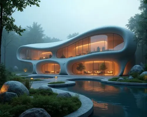 Organic architecture, natural forms, flowing curves, wavy lines, irregular shapes, biomimetic design, futuristic building, undulating roof, twisting columns, curved walls, transparent glass façade, re