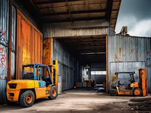 loading dock,forklifts,warehousing,fork lift,scrap yard,depots,warehouses,marshalling yard,danger overhead crane,yellow machinery,warehouse,forklift,scrapyard,industrial hall,cargo port,inland port,industrial landscape,freight depot,industrie,ictsi,Art,Artistic Painting,Artistic Painting 04