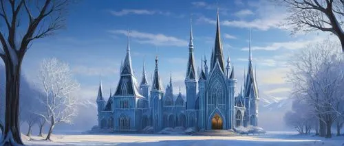 ice castle,winterfell,gondolin,fairy tale castle,hogwarts,winter background,snow scene,hogsmeade,winterland,winterplace,christmas snowy background,thingol,tirith,fairytale castle,the snow queen,cinderella's castle,gothic church,snow house,spires,nidaros cathedral,Illustration,Black and White,Black and White 28