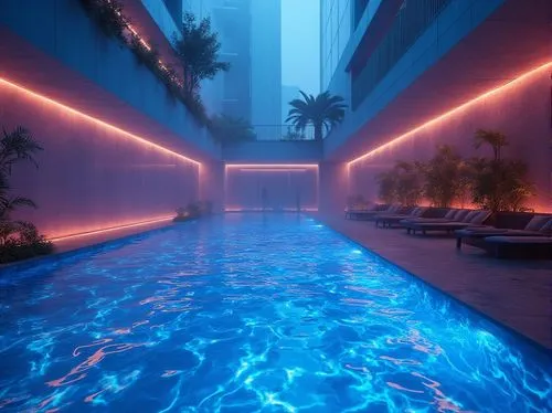 Metabolic style, swimming pool design, futuristic architecture, sleek lines, neon lights, iridescent tiles, glowing accents, abstract patterns, bioluminescent plants, misty atmosphere, soft focus, sha