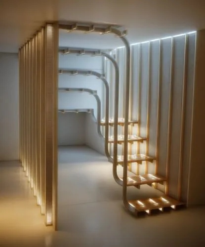 Parametric stairs in hotel lobby,room divider,wall light,hallway space,wall lamp,ambient lights,ornamental dividers,visual effect lighting,wire light,3d rendering,lighting system,track lighting,3d ren