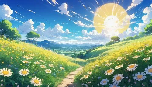 blooming field,flower field,sunburst background,spring background,spring sun,field of flowers,bright sun,flower background,landscape background,springtime background,dandelion field,flowers field,summer background,dandelion meadow,sunflower field,blanket of flowers,dandelion background,summer meadow,sea of flowers,summer day,Illustration,Japanese style,Japanese Style 03