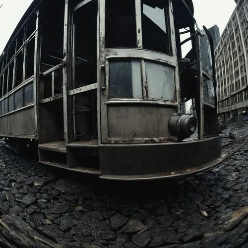 abandoned bus,fisheye lens,street car,railroad car,rail car,streetcar,trolleybus,disused trains,tramway,abandoned rusted locomotive,trolley bus,loading dock,tram car,memphis tennessee trolley,baggage car,hashima,trolley train,trolleybuses,tram,train car,Conceptual Art,Fantasy,Fantasy 33