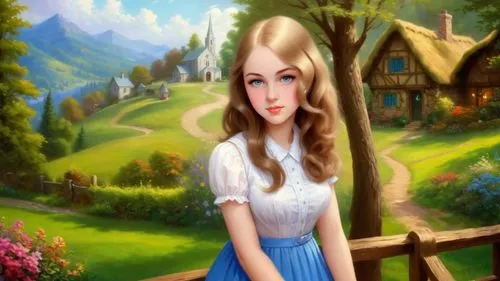 Romantic masterpiece oil painting, cute girl portrait, nostalgic 1950's style kitsch, rolling hills landscape, lush forest village scenery, by Thomas Kinkade, by Bob Ross,dorthy,fantasy picture,fairy 