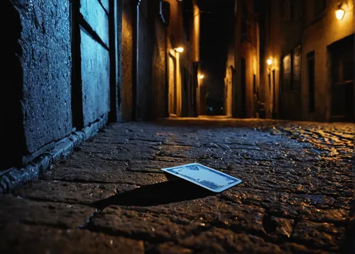 Write a suspenseful scene involving a lost PF card in a dark alley at midnight.,alleyway,alley,blind alley,incidence of light,the cobbled streets,night photography,narrow street,nightlight,old linden 