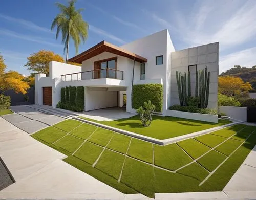 DISEÑO EXTERIOR DE CASA ESTILO MODERNO MEXICANO, UBICADA EN UN FRACCIINAMIENTO RESIDENCIAL, CON MUROS BLANCOS, USO DE CANTERA EN UN MURO, CANCALES DE ALUMINIO COLOR MADERA, HERRERIA, PERSONAS, BANQUET