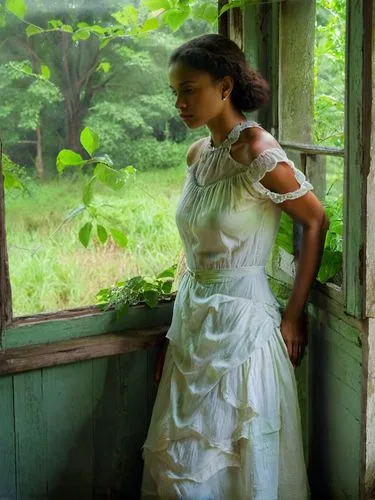 This picture shows a pretty Creole woman in a light-colored dress standing at a window. Her gaze is directed outside and she appears to be pensive. Bright colors. The surroundings outside appear green