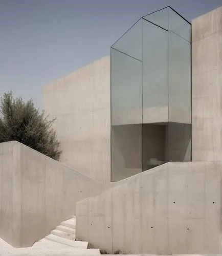 Puedes crear la fachada de una casa que se parezca al dibujo,usando color nude y las ventanas cuadradas ,an empty cement structure with a stair case next to it,siza,corbu,salk,utzon,exposed concrete,z