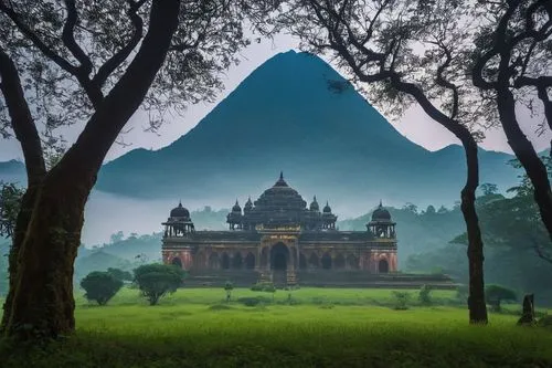 "Sacred architecture, ancient temple, grandiose entrance, intricate carvings, mystical aura, ornate columns, vibrant stained glass windows, majestic dome, golden accents, marble floors, mysterious amb