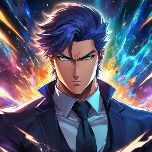 In a futuristic galaxy, a chiseled figure with fierce determination and a sharp black suit stands tall against a vibrant anime inspired backdrop. The man's expression is intense and determined, as if 