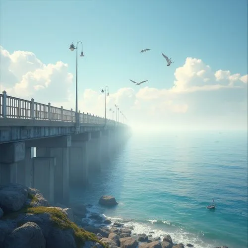 Coastal bridge, serene ocean view, misty morning, gentle sea breeze, modern architectural design, steel beams, concrete pillars, wooden railings, weathered wood texture, soft blue and white color pale