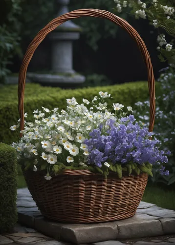 In a serene garden, an elegant wicker basket brims with fragrant flowers.,basket with flowers,flower basket,hanging basket,flowers in basket,flower girl basket,basket wicker,wicker basket,flowers in w