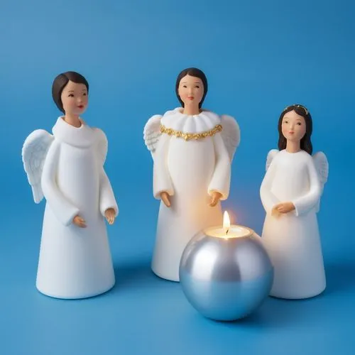 3D model of three angels, wearing white with dark hair and light skin around each other's necks stacked on top of each other next to an open round silver ball containing one candle on a blue backgroun