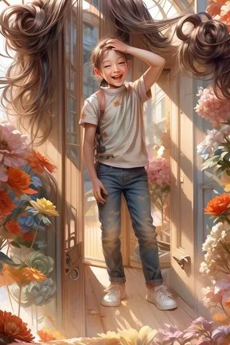 falling flowers,blooming wreath,children's background,looking glass,the little girl's room,dandelion hall,wreath of flowers,heatherley,dream art,little girl in wind,lachapelle,throwing leaves,autumn wreath,bombadil,world digital painting,garden door,room door,arrietty,the mirror,fall from the clouds