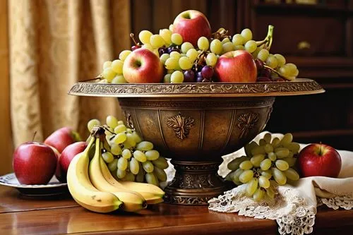 Vintage still life, fruit bowl, ornate bronze hat, decorated with artificial flowers, filled with juicy apples, grapes, and bananas, placed on a wooden table, warm golden lighting, shallow depth of fi