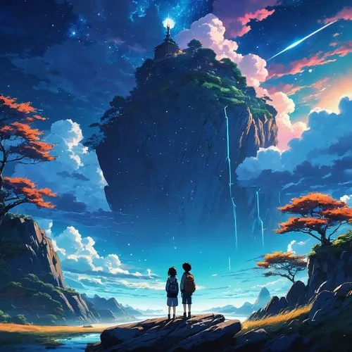 ghibli,cielo,studio ghibli,travelers,dreamscape,sky,dream world,cloudstreet,fantasy landscape,explorers,meteora,skygazers,skywatchers,rift,mushroom landscape,meteor,earth rise,landscape background,little world,dreamstone,Illustration,Japanese style,Japanese Style 14