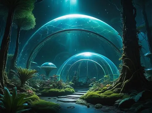 Alien biosphere, futuristic sci-fi environment, transparent dome-shaped habitat, iridescent mist, glowing luminescent plants, eerie blue-green lighting, towering crystalline structures, winding organi