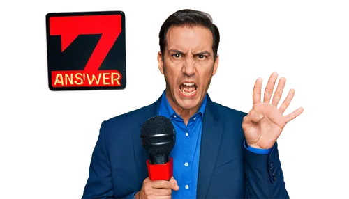 Wrong answer sound, male announcer, loudspeaker, angry face, furrowed eyebrows, frustrated expression, red lights flashing, warning signs, metallic texture, bold font, strong shadows, low angle shot, 