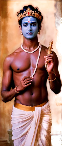 Krishna, Indian god, blue skin, crown, earrings, necklace, sacred thread, dhoti, bare chest, muscular arms, holding flute, standing in lotus position, soft focus, warm lighting, cinematic composition,