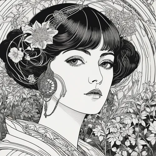 geisha girl,geisha,mucha,oriental princess,art nouveau,vintage illustration,jasmine blossom,oriental girl,art deco woman,vintage drawing,art nouveau design,flora,detail shot,lotus art drawing,digital illustration,camellia,fantasy portrait,jasmine,rem in arabian nights,gardenia,Illustration,Black and White,Black and White 24