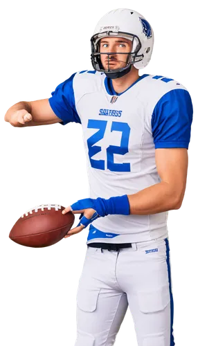 Cowboy, American football player, solo, (25yo), strong facial features, short brown hair, no beard, white jersey, blue pants, football helmet, holding football, throwing action, dynamic pose, shallow 