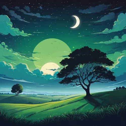 A serene night landscape featuring a moonlit sky filled with wispy clouds. The bright full moon illuminates a vast expanse of green fields, creating a tranquil atmosphere. The distant tree line is sof