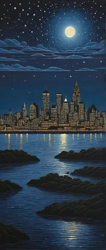 meteor rideau,san diego skyline,city skyline,night scene,david bates,city scape,city at night,cityscape,sydney skyline,sea night,city lights,moonlit night,blue moon,big night city,new york skyline,chicago skyline,skyline,bombay,manhattan skyline,crescent city,Illustration,Realistic Fantasy,Realistic Fantasy 11