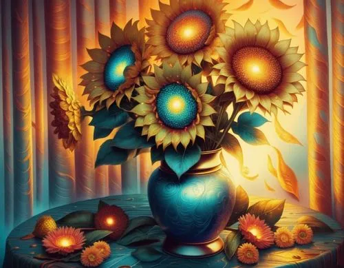 sunflowers in vase,sunflowers,sunflower,sun flower,sun flowers,rudbeckia,Illustration,Realistic Fantasy,Realistic Fantasy 25