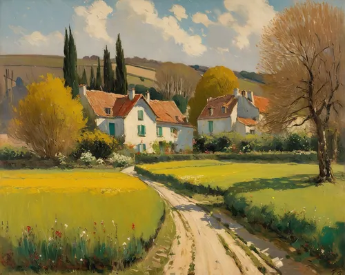 Un verger au printemps de Marcel Dyf (1899-1985, France),rural landscape,farm landscape,home landscape,jonquil,spring morning,early spring,tulpenbüten,in the spring,village scene,landscape,alsace,camp