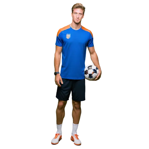 Tall, muscular man, Dutch football player, blonde hair, blue eyes, strong facial features, small nose, athletic build, white jersey with Netherlands flag, black shorts, soccer ball at feet, standing, 