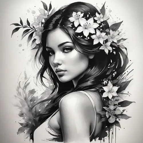 girl in flowers,beautiful girl with flowers,flower painting,jasmine blossom,flower girl,flower art,floral wreath,boho art,magnolia,girl in a wreath,a beautiful jasmine,flora,flower fairy,flower crown,flower illustrative,fashion illustration,wreath of flowers,pencil drawings,flower drawing,blooming wreath,Conceptual Art,Sci-Fi,Sci-Fi 22