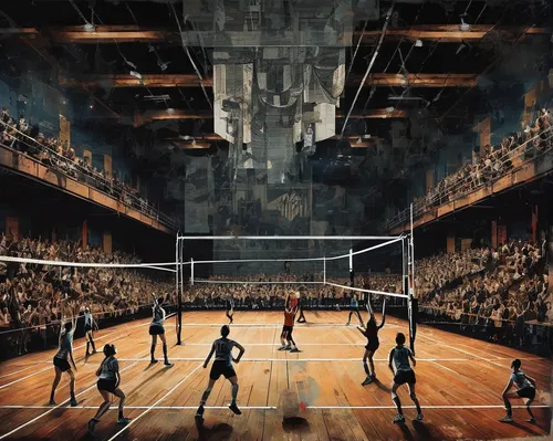 Imagine a suspenseful volleyball match in a dark gymnasium.,real tennis,basketball court,indoor games and sports,volleyball,women's handball,czech handball,volley,sports wall,ball badminton,badminton,