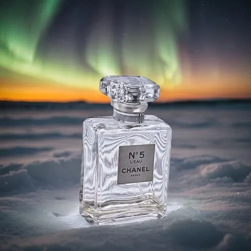 a bottle of perfume on the ground next to a sky filled with aurora lights,polar aurora,northernlight,northen lights,north pole,northern light,aurora polar