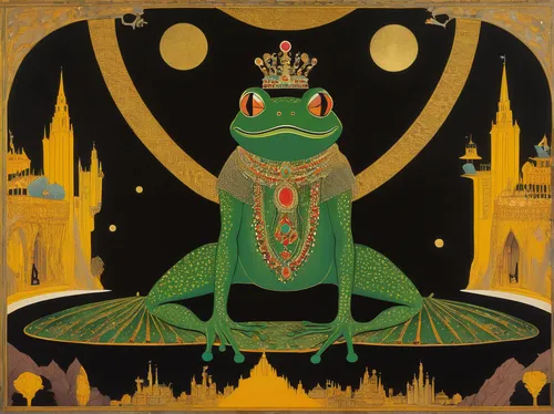 frog prince,frog king,wallace's flying frog,jazz frog garden ornament,green frog,woman frog,bullfrog,bull frog,emperor,amphibian,man frog,art nouveau design,frog man,crocodile woman,art nouveau,king caudata,emperor of space,emperor snake,art deco,frog,Illustration,Retro,Retro 26