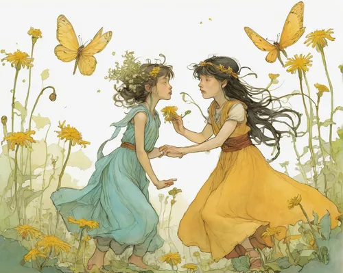 vintage fairies,fairies,buttercups,kate greenaway,children's fairy tale,flower and bird illustration,butterflies,fairies aloft,yellow butterfly,dandelion meadow,picking flowers,moths and butterflies,flower fairy,dandelions,faery,chasing butterflies,meadow play,a fairy tale,yellow daisies,daffodils,Illustration,Paper based,Paper Based 17