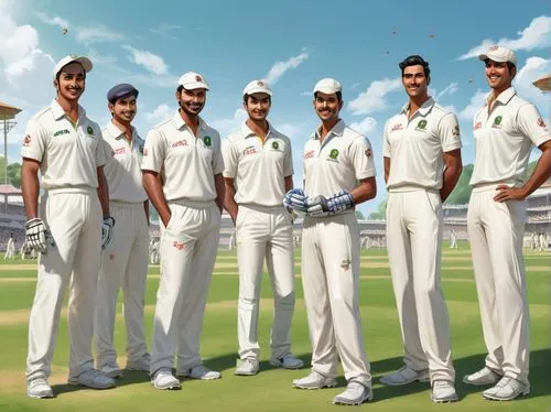 a group of cricketers dressed in white uniforms stand on a cricket pitch in the lush green field in a picturesque Indian cricket match. The scene is filled with the sound of chirping crickets and the 