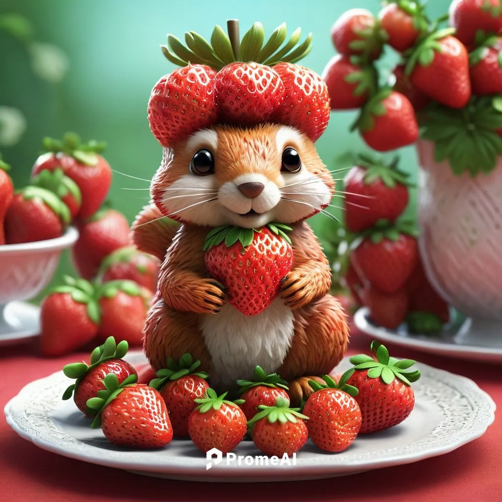 (sculpture of a cute strawberry squirrel  entirely made of fresh strawberries :1.5). The background shows a table setting with lots of Strawberries. The overall atmosphere of the picture is a fun and 