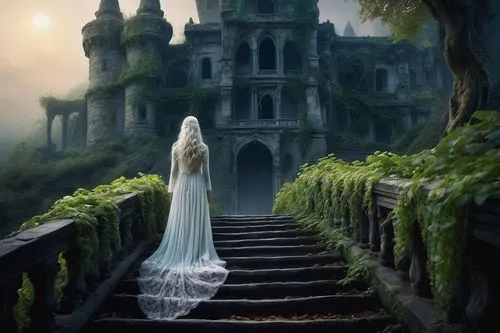 fantasy picture,ghost castle,fantasy art,witch's house,witch house,haunted castle,havisham,elfland,galadriel,peignoir,enchanted,fairytale castle,melian,fairytale,fairy tale,the threshold of the house,enchantment,rivendell,fairy tale castle,isoline,Illustration,American Style,American Style 03