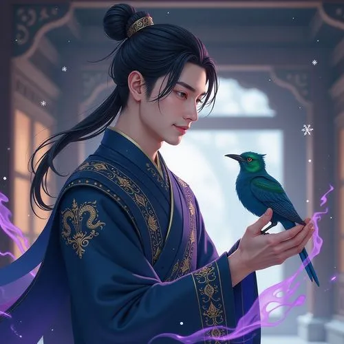 The image depicts a close-up of an individual dressed in traditional Asian attire, likely inspired by historical or fantasy themes. The individual has a smooth, fair complexion and is looking slightly