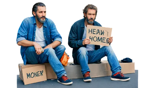 homeless man, beard, messy hair, worn-out clothes, ripped jeans, dirty sneakers, sitting on street corner, begging for money, holding cardboard sign, sad expression, wrinkles on face, worn-out gloves,