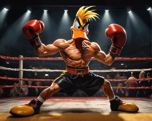 Daffy Duck, boxing gloves, angry face, sweaty forehead, messy yellow hair, orange beak, muscular arms, black boxing trunks, red boxing shoes, intense eyes, clenched fists, dynamic pose, punching bag, 