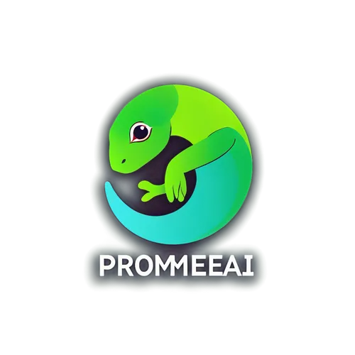 Logo for Promeai on the theme of chameleon, flat abstract vector art, with text "promeai",biosamples icon,proa,promontory,frog background,pre,pacific treefrog,squirrel tree frog,moray eels,promote,mol