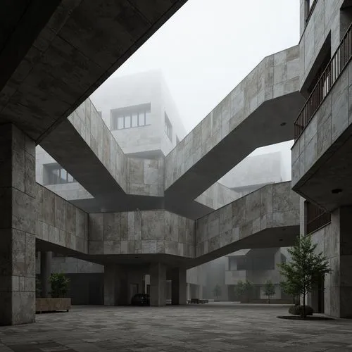 Rugged brutalist architecture, raw concrete textures, exposed ductwork, industrial steel beams, cantilevered structures, geometric shapes, monochromatic color palette, atmospheric fog, misty morning l